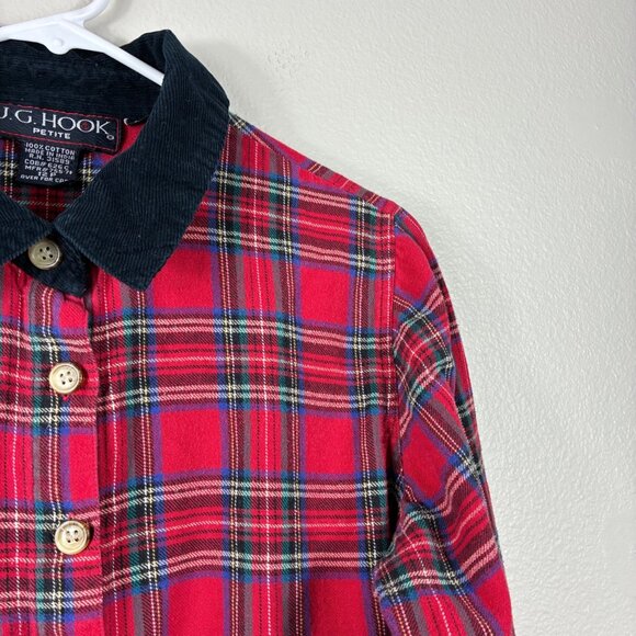 VTG Y2K 90s J.G. Hook Petite Red Flannel Dress Corduroy Collar Sz 12 Prairie - Picture 4 of 6